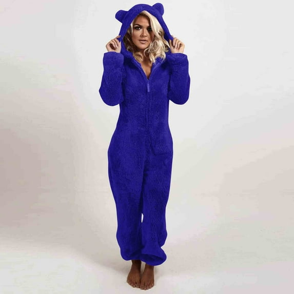 Sevevn Women Solid Ccolor Long Sleeve Hooded Jumpsuit Pajamas Casual Winter Warm Rompe Sleepwear Blue L Rollbacks