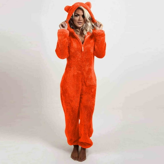 Sevevn Women Solid Ccolor Long Sleeve Hooded Jumpsuit Pajamas Casual Winter Warm Rompe Sleepwear Orange M Christmas Gift