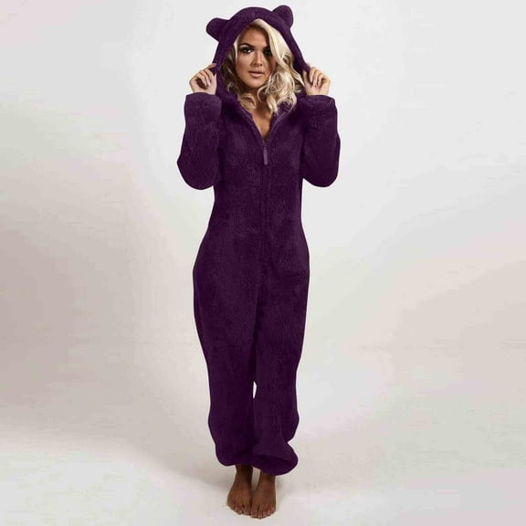 Sevevn Women Solid Ccolor Long Sleeve Hooded Jumpsuit Pajamas Casual Winter Warm Rompe Sleepwear Purple M Great Gifts for Less