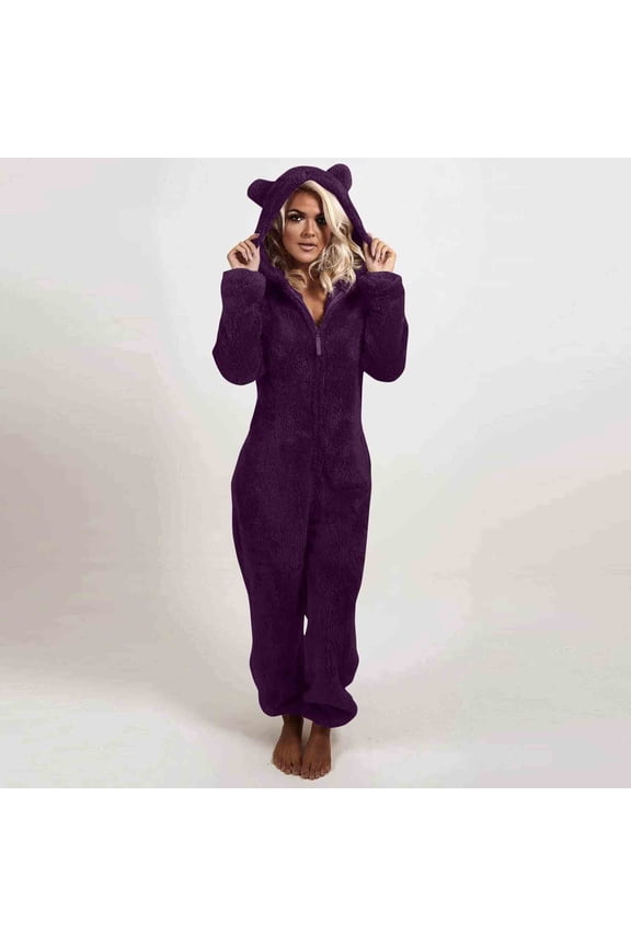 Women Solid Ccolor Long Sleeve Hooded Jumpsuit Pajamas Casual Winter Warm Rompe Sleepwear Purple S Deal of the Week