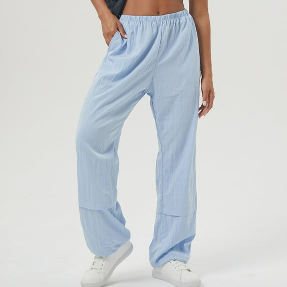 Sevevn Women Solid Color Casual Loose Pocket High-waist Ankle Straight Leg Sports Work Pants Sky Blue S Clearance Sales Online Deals