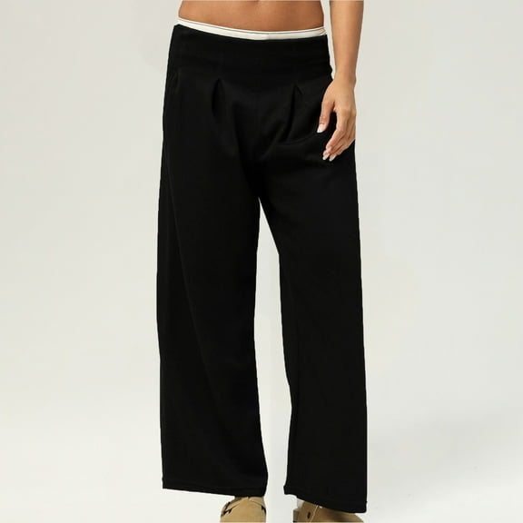 Sevevn Women Solid Color Casual Loose Wide Leg I-Shaped Waist Sports Pants Black L Gift for Adults