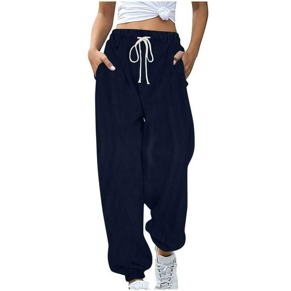 Sevevn Women Solid Color Elastic Waist Casual Pants With Side Pockets Dark Blue M Family Gifts