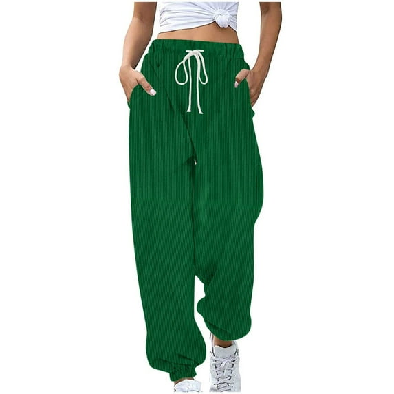 Sevevn Women Solid Color Elastic Waist Casual Pants With Side Pockets Green XL Early Access Deals