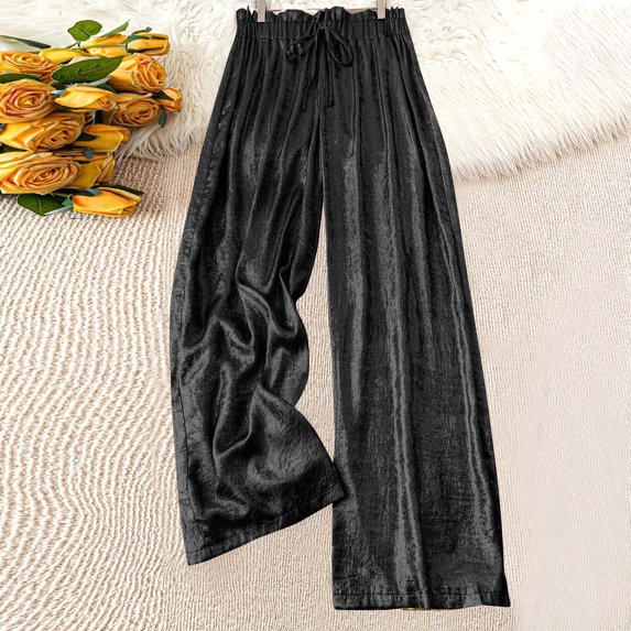 Sevevn Women Solid Color Fabric Elastic Waist Casual Pants Suitable For All Seasons Non Elastic Woven Fabric Black XL Rollbacks