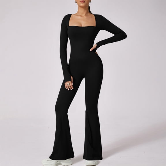 Sevevn Women Solid Color Neck Long Sleeved Waist Cinching Sports Jumpsuit Flared Pants Black M Christmas Gift