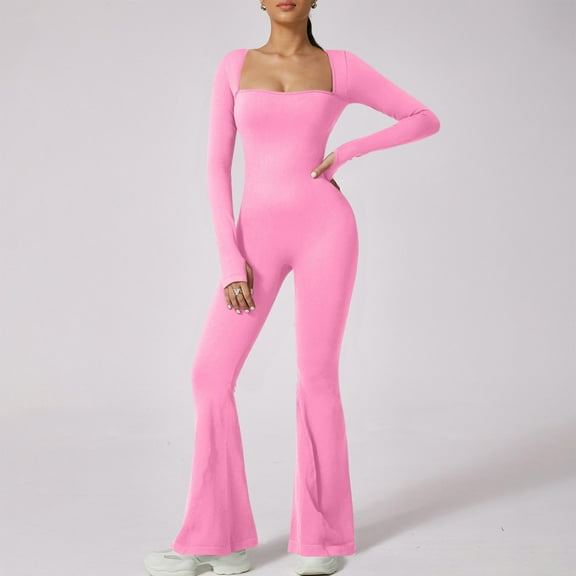 Sevevn Women Solid Color Neck Long Sleeved Waist Cinching Sports Jumpsuit Flared Pants Pink S Christmas Gift