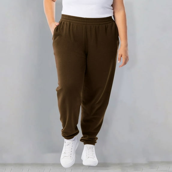 Sevevn Women Solid Color Plus Size Elastic Waistband With Side Pockets Sports Ankle Pants Brown XXXL Christmas Deals