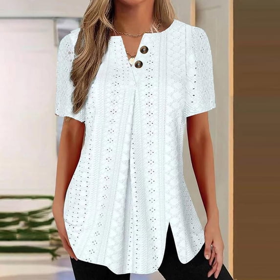 Sevevn Women Summer Casual T-shirt Solid V-Neck Hollowed-out Short Sleeve Pullover Blouse Tops White T-shirt Womens