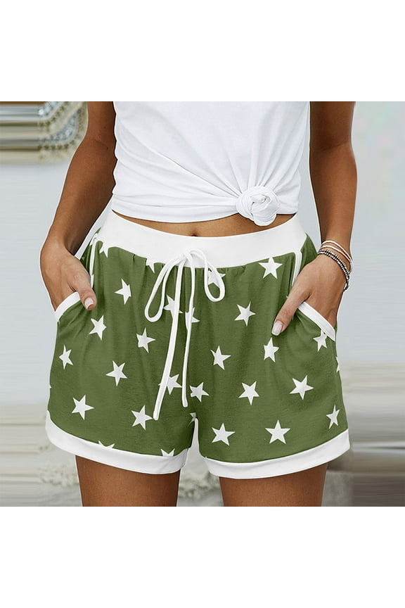 Women Summer Fashion Star Drawstring Pocket Home Sleeper Shorts Gift for Girls Army Green M