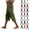 thumbnail image 1 of Sevevn Women Summer Pants Casual Solid Color Drawstring Side Button Elastic Waist Linen Pockets Pants End of Year Army Green XXL, 1 of 5