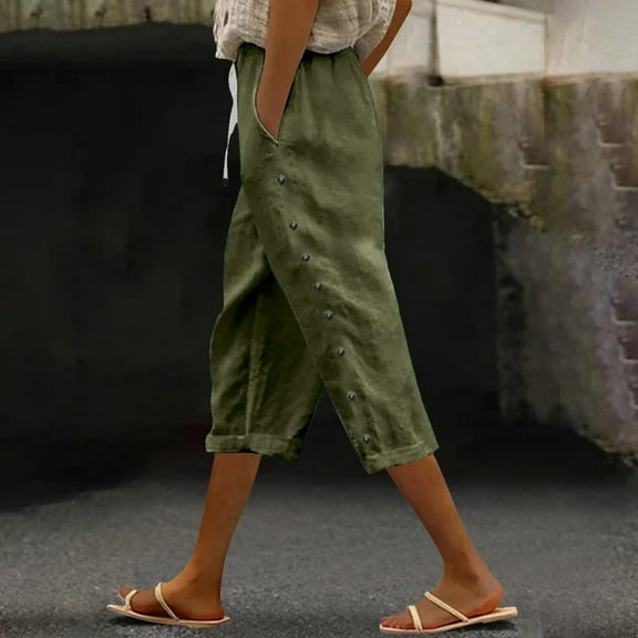 Sevevn Women Summer Pants Casual Solid Color Drawstring Side Button Elastic Waist Linen Pockets Pants Gift for Adults Army Green S