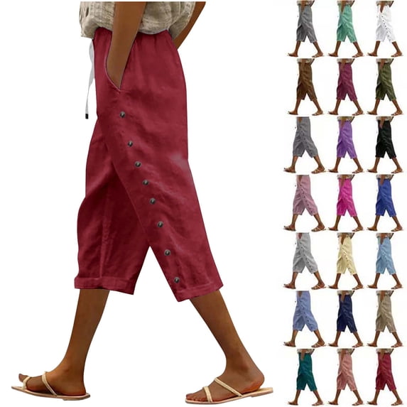 Sevevn Women Summer Pants Casual Solid Color Drawstring Side Button Elastic Waist Linen Pockets Pants Great Gifts for Less Wine XXL