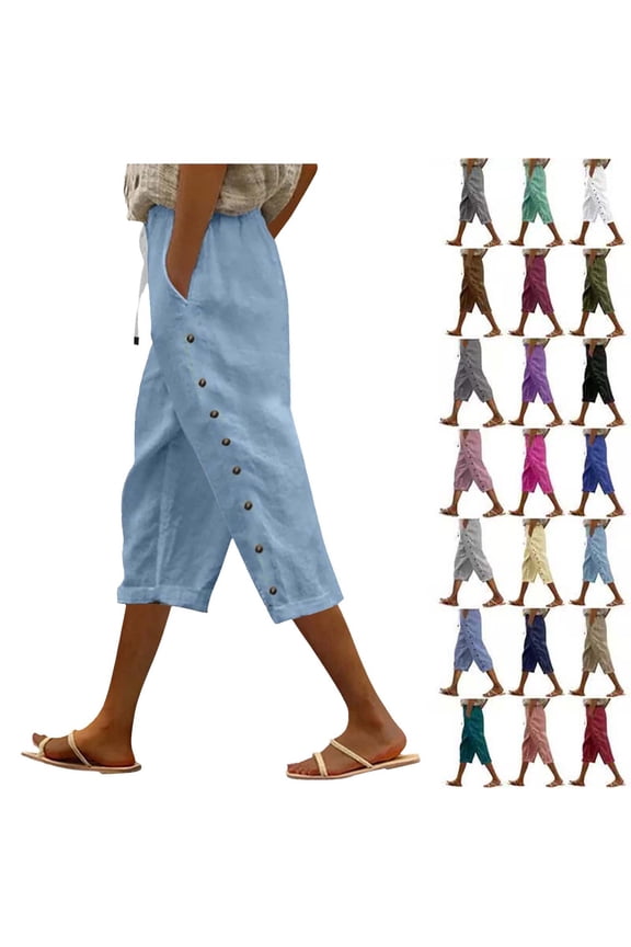 Women Summer Pants Casual Solid Color Drawstring Side Button Elastic Waist Linen Pockets Pants Up to 30% Off Light Blue L