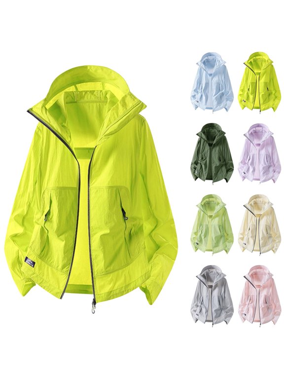 Women Sun Protection Jacket Full Zip Up Hooded Cropped Fit Lightweight Breathable Fabric Front Patch Pockets Elastic Cuffs For Hiking Travel Daily Wear