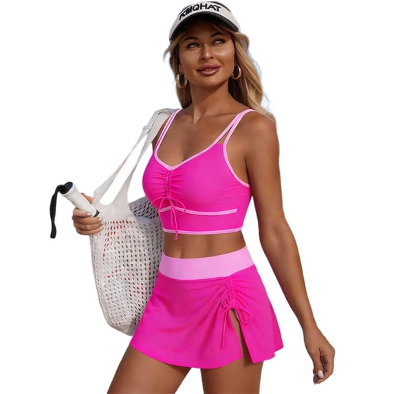Sevevn Women's 2 Piece High Waist Skirt Bikini Set Ruched Crop Top Bathing Suit Hot Pink 2XL