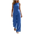 thumbnail image 1 of Sevevn Women's 2-Piece Linen-Look Outfit Sleeveless Asymmetric Top and Wide Leg Pants Set Blue M, 1 of 7