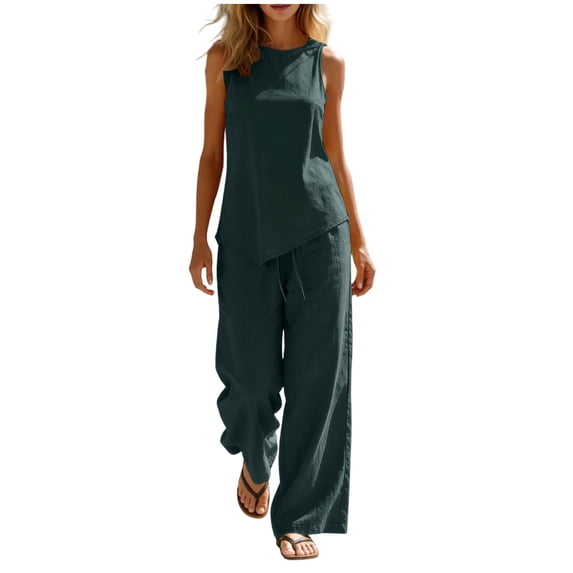 Sevevn Women's 2-Piece Linen-Look Outfit Sleeveless Asymmetric Top and Wide Leg Pants Set Navy S