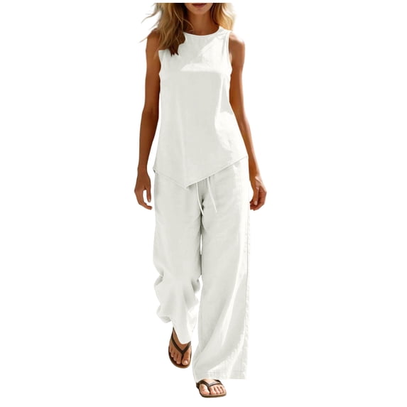 Sevevn Women's 2-Piece Linen-Look Outfit Sleeveless Asymmetric Top and Wide Leg Pants Set White 2XL