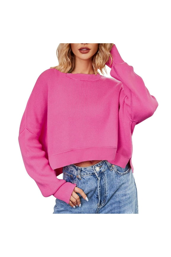 Women's 2025 Crewneck Cropped Sweater Fall Batwing Sleeve Oversized Side Slit Ribbed Knit Pullover Jumper Tops