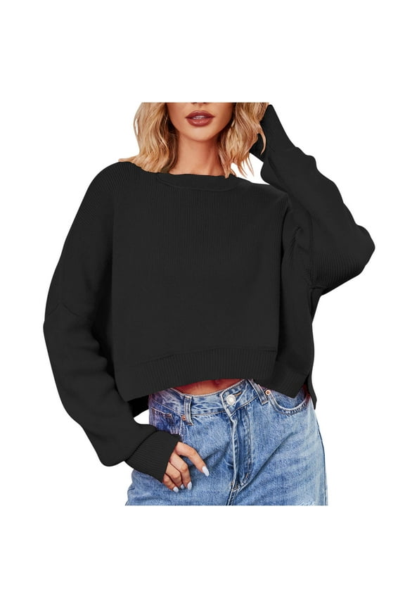 Women's 2025 Crewneck Cropped Sweater Fall Batwing Sleeve Oversized Side Slit Ribbed Knit Pullover Jumper Tops