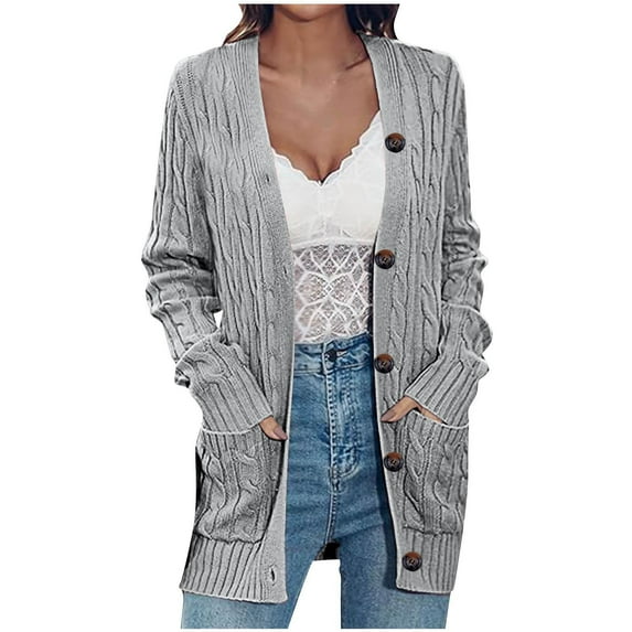 Sevevn Women's 2025 Fall Cable Knit Cardigan Sweater Chunky Button Up Open Front Long Sleeve Outwear Coat