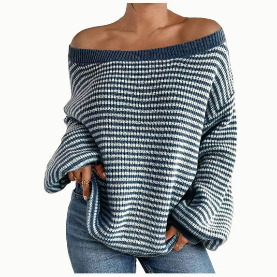 Sevevn Women's 2025 Fall Long Sleeve Sweaters Casual Loose Striped Off Shoulder Casual Oversized Knitted Sweater Pullovers