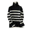 thumbnail image 1 of Sevevn Women's 2025 Fall Winter Long Sleeve Knit Sweater Turtleneck Striped Loose Pullover Tops Deco with Metal Buttons, 1 of 4