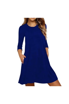 Women's 3/4 Sleeve T-Shirt Dress with Pockets Crew Neck Loose Fit Casual Swing Dresses Blue S