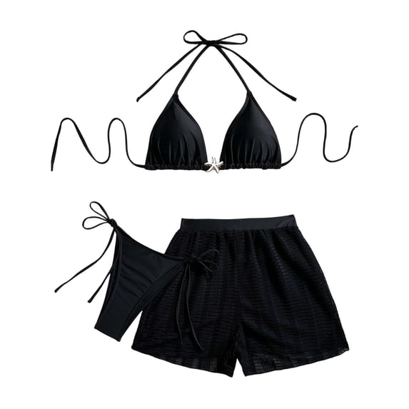 Sevevn Women's 3 Piece Bikini Set Halter Triangle Top with Side Tie Bottom and Textured Cover Up Shorts Black M
