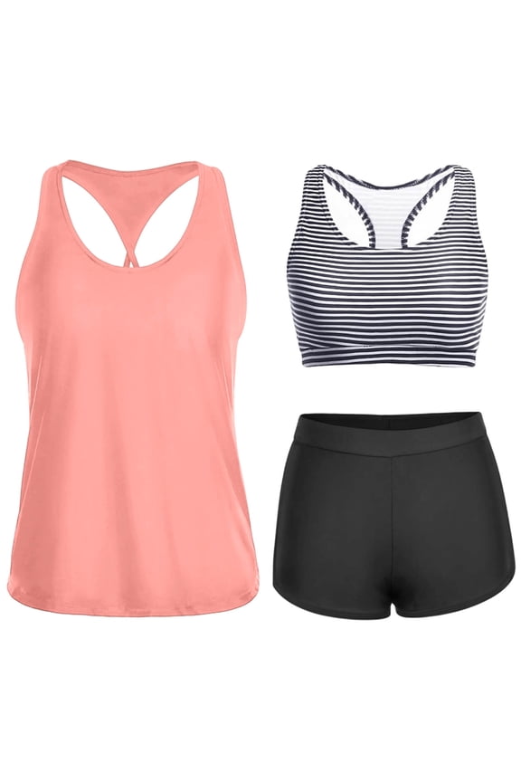 Women's 3 Piece Tankini Swimsuit Set Cutout Back Top with Striped Bikini Top and Boyshort Bottom Rose Gold L