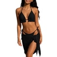 thumbnail image 1 of Sevevn Women's 3 Piece Textured Bikini Set with Sarong Ruffle Trim Triangle Swimsuit with Cover Up Skirt Black M, 1 of 6