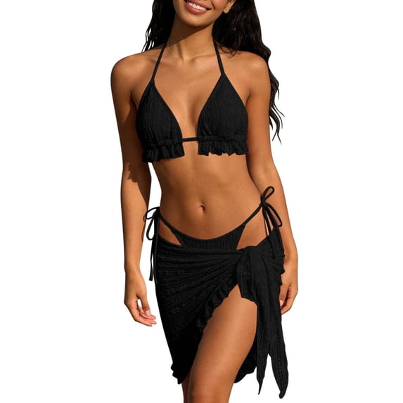 Sevevn Women's 3 Piece Textured Bikini Set with Sarong Ruffle Trim Triangle Swimsuit with Cover Up Skirt Black M