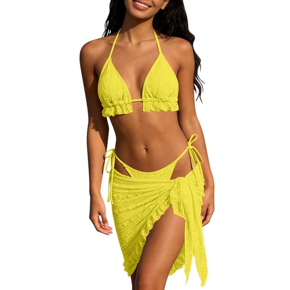 Sevevn Women's 3 Piece Textured Bikini Set with Sarong Ruffle Trim Triangle Swimsuit with Cover Up Skirt Yellow S