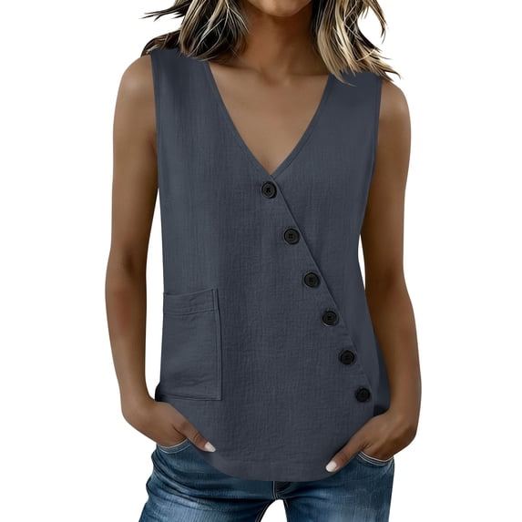 Sevevn Women's Asymmetrical Button Down Sleeveless Linen Blouse V Neck Summer Tank Top Gray L