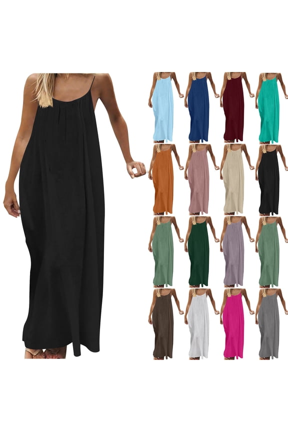 Women’s Backless Maxi Dress Spaghetti Strap Sleeveless Loose Fit Long Dress Lightweight Flowing Summer Casual Vacation Dress Black M