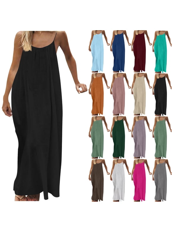Women’s Backless Maxi Dress Spaghetti Strap Sleeveless Loose Fit Long Dress Lightweight Flowing Summer Casual Vacation Dress Black S