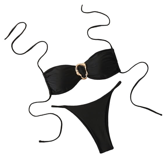 Sevevn Women's Bandeau Bikini Set Halter Metal Decor Thong Two Piece Swimsuit Black L