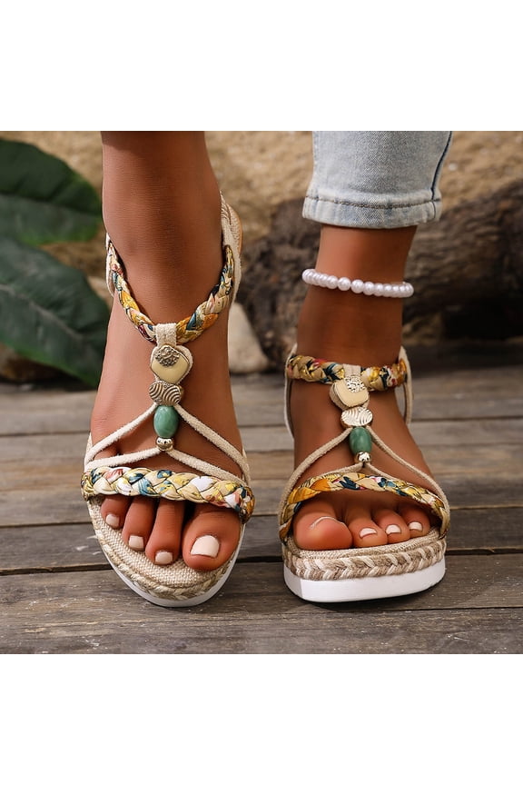 Women's Boho Floral Braided Wedge Sandals Rhinestone Ball T-Strap Elastic Ankle Strap Jute Espadrille Beach Shoes