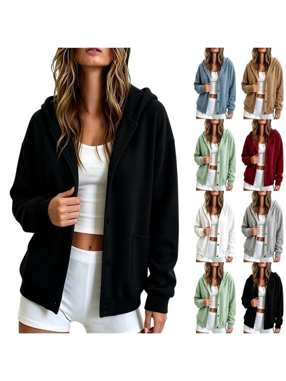 Women's Button Down Hooded Jacket Long Sleeve Loose Casual Sweatshirt Cardigan with Pockets Black S