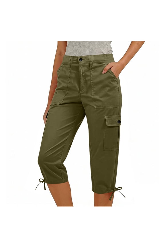 Women's Cargo Capri Pants Button Closure High Waist Capris with Pockets & Adjustable Cuffs for Casual Wear Army Green 2XL