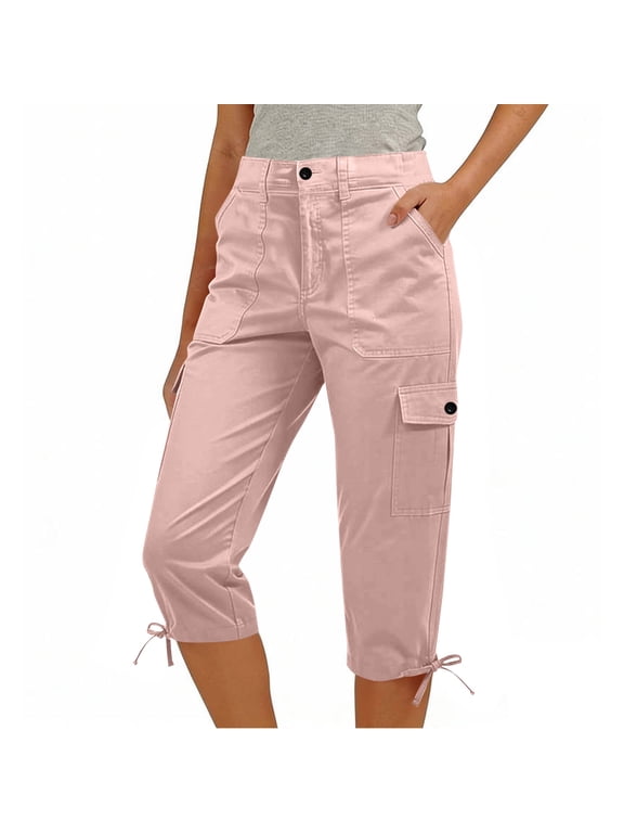 Women's Cargo Capri Pants Button Closure High Waist Capris with Pockets & Adjustable Cuffs for Casual Wear Pink XL