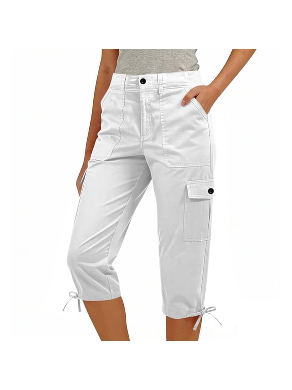 Women's Cargo Capri Pants Button Closure High Waist Capris with Pockets & Adjustable Cuffs for Casual Wear White S