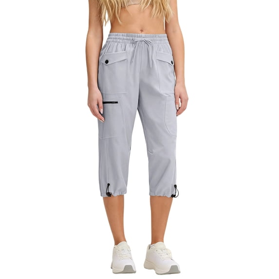 Sevevn Women's Cargo Capri Pants Elastic Waist Drawstring Cropped Pants with Multi-Pockets Gray 2XL