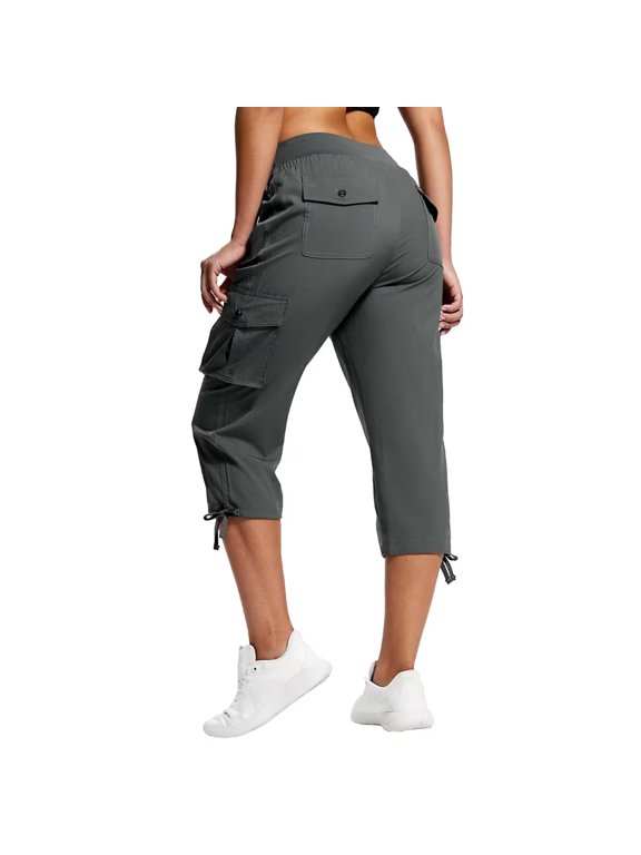 Women's Cargo Capri Pants High Waist Drawstring Quick Dry Pockets Adjustable Cuffs Athletic Trousers Dark Gray XL