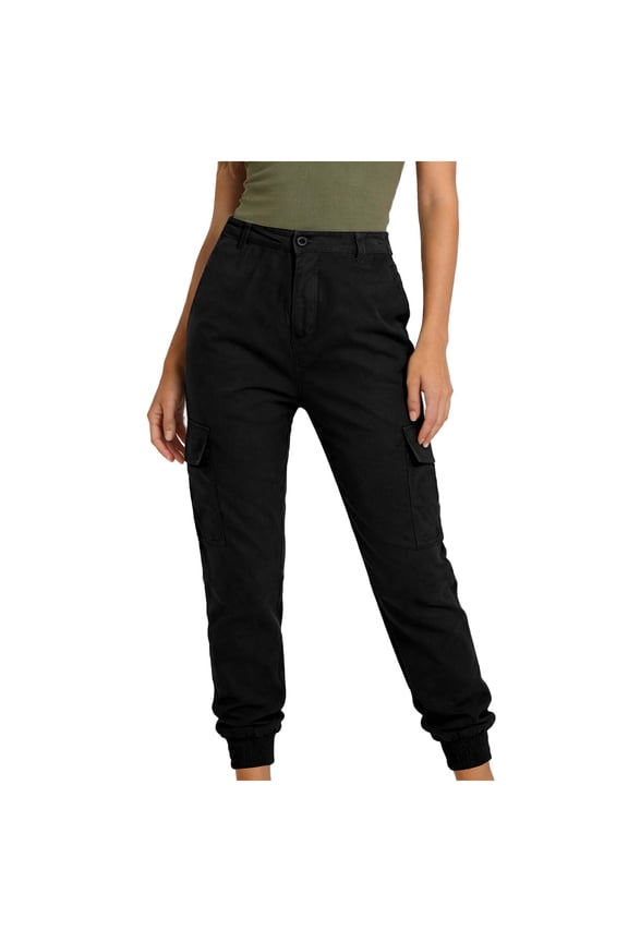 Women's Cargo Jogger Pants High Waist Button Closure Side Pockets Cuffed Ankles Casual Trousers Black M