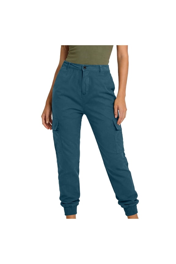 Women's Cargo Jogger Pants High Waist Button Closure Side Pockets Cuffed Ankles Casual Trousers Navy L