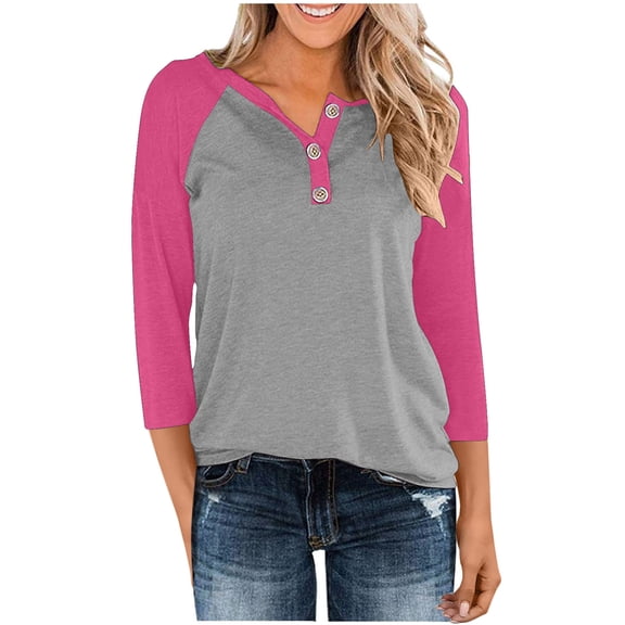 Sevevn Women's Casual 3/4 Sleeve T Shirts Button V Neck Tunic Blouses Color Block Basic Tee Tops Loose Fit Summer Shirt