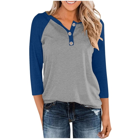 Sevevn Women's Casual 3/4 Sleeve T Shirts Button V Neck Tunic Blouses Color Block Basic Tee Tops Loose Fit Summer Shirt