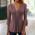 thumbnail image 1 of Sevevn Women's Casual Button Pleated Waist Flared Cropped 3/4 Sleeve Top Brown L Summer Clearance, 1 of 5